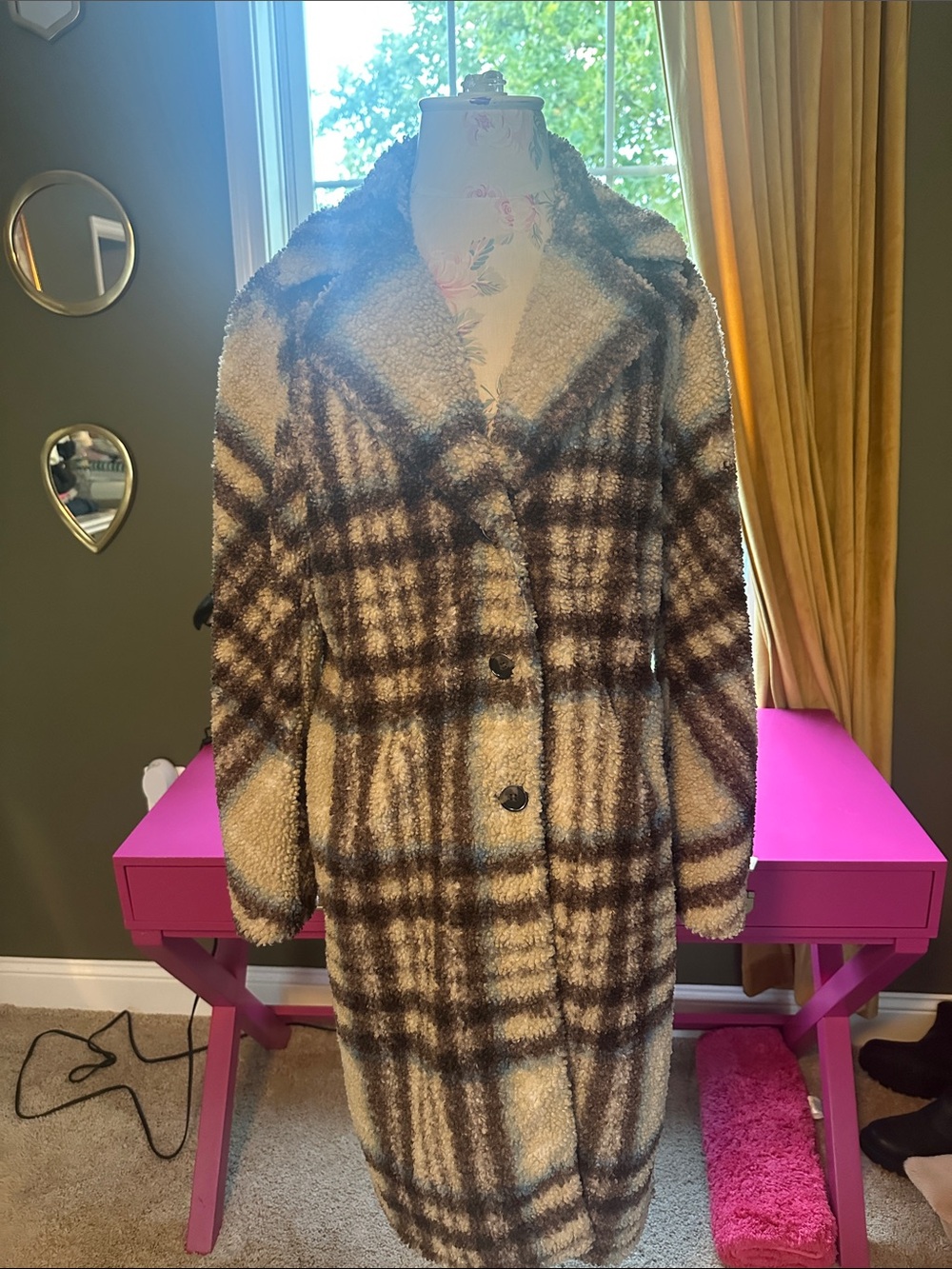 NVLT Plaid Faux Shearling Teddy Coat in Cream & Brown